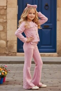 Kız Çocuk Üzeri İnci İşlemeli Cep Detaylı Ceket, Paçaları İnci Detaylı Triko Pembe Alt Üst Takım