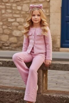 Kız Çocuk Üzeri İnci İşlemeli Cep Detaylı Ceket, Paçaları İnci Detaylı Triko Pembe Alt Üst Takım