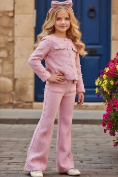 Kız Çocuk Üzeri İnci İşlemeli Cep Detaylı Ceket, Paçaları İnci Detaylı Triko Pembe Alt Üst Takım