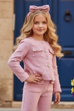 Kız Çocuk Üzeri İnci İşlemeli Cep Detaylı Ceket, Paçaları İnci Detaylı Triko Pembe Alt Üst Takım