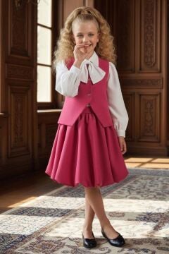 Kız Çocuk Yakasında Kurdela Detaylı Şifon Gömlek ve Yelek, Salaş Pileli Fuşya Etekli Takım