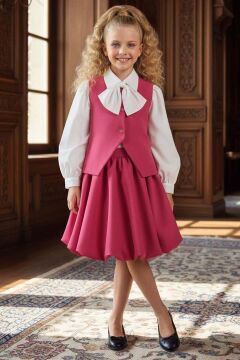 Kız Çocuk Yakasında Kurdela Detaylı Şifon Gömlek ve Yelek, Salaş Pileli Fuşya Etekli Takım