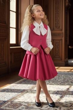 Kız Çocuk Yakasında Kurdela Detaylı Şifon Gömlek ve Yelek, Salaş Pileli Fuşya Etekli Takım