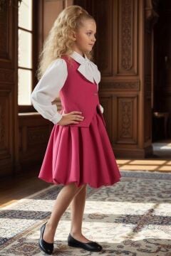 Kız Çocuk Yakasında Kurdela Detaylı Şifon Gömlek ve Yelek, Salaş Pileli Fuşya Etekli Takım