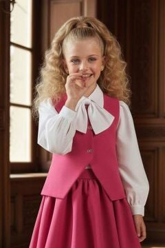 Kız Çocuk Yakasında Kurdela Detaylı Şifon Gömlek ve Yelek, Salaş Pileli Fuşya Etekli Takım