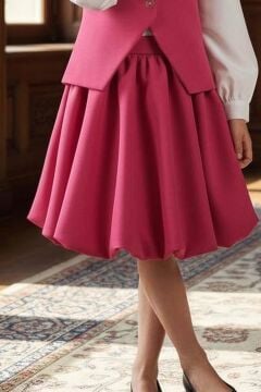 Kız Çocuk Yakasında Kurdela Detaylı Şifon Gömlek ve Yelek, Salaş Pileli Fuşya Etekli Takım