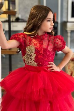 Kız Çocuk Fransız Nakış İşlemeli Gömlek ve Kat Kat Tüllü Kırmızı Etekli Takım