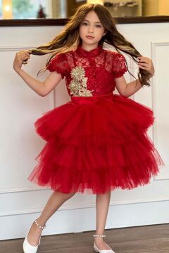 Kız Çocuk Fransız Nakış İşlemeli Gömlek ve Kat Kat Tüllü Kırmızı Etekli Takım