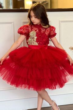 Kız Çocuk Fransız Nakış İşlemeli Gömlek ve Kat Kat Tüllü Kırmızı Etekli Takım