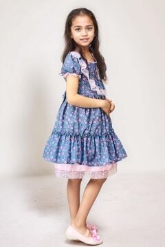 Kız Çocuk Göğsü ve Omuzları Fırfır Dantel İşlemeli Üzeri Çiçek Detaylı Elbise