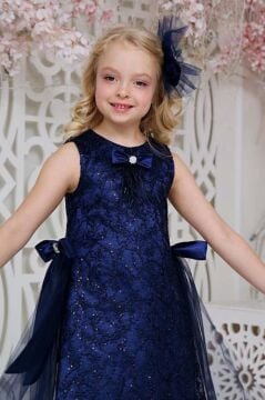 Kız Çocuk Beli Kurdela Detaylı Üzeri Yaprak Dantelli İçi Astarlı Lacivert Elbise