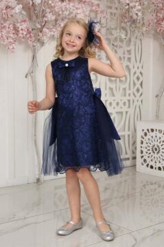 Kız Çocuk Beli Kurdela Detaylı Üzeri Yaprak Dantelli İçi Astarlı Lacivert Elbise