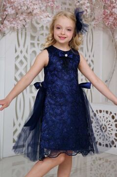 Kız Çocuk Beli Kurdela Detaylı Üzeri Yaprak Dantelli İçi Astarlı Lacivert Elbise