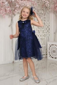 Kız Çocuk Beli Kurdela Detaylı Üzeri Yaprak Dantelli İçi Astarlı Lacivert Elbise