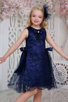 Kız Çocuk Beli Kurdela Detaylı Üzeri Yaprak Dantelli İçi Astarlı Lacivert Elbise