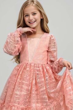 Kız Çocuk Kolları Transparan Yakası İnci Boncuklu Etek Ucu Fırfırlı Somon Abiye
