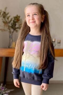 Kız Çocuk Palmiye ve Yazı Baskılı Kazak Fitilli Krem Taytlı Takım