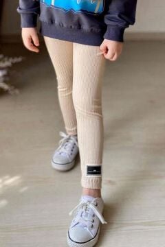 Kız Çocuk Palmiye ve Yazı Baskılı Kazak Fitilli Krem Taytlı Takım