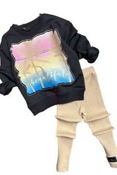 Kız Çocuk Palmiye ve Yazı Baskılı Kazak Fitilli Krem Taytlı Takım