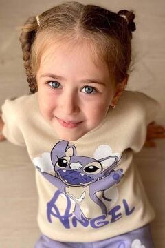 Kız Çocuk Stitch Karakter ve Angel Yazı Baskılı Lila Eşofman Takım