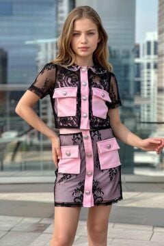 Kız Çocuk Üzeri Dantel İşlemeli Cep Detaylı Şeffaf Kumaş Astarlı Pempe Etekli Takım