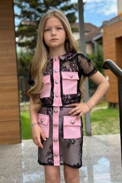 Kız Çocuk Üzeri Dantel İşlemeli Cep Detaylı Şeffaf Kumaş Astarlı Pempe Etekli Takım