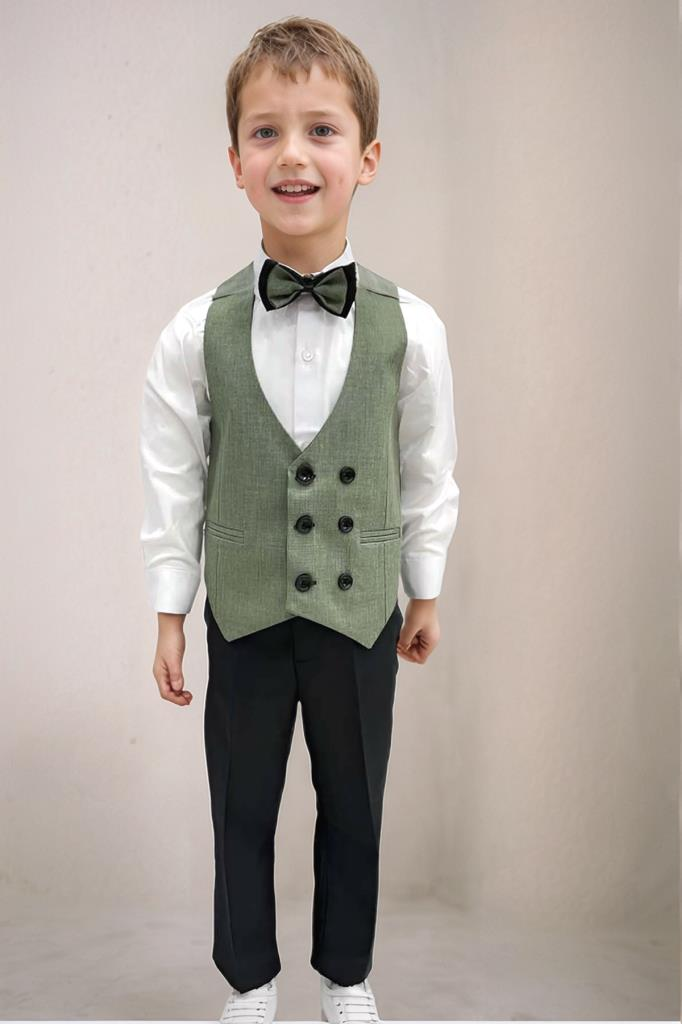 Erkek Bebek Takım Elbise Çizgili Yelekli Yosun Yeşili Alt Üst Takım