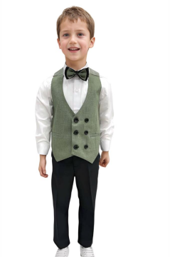 Erkek Bebek Takım Elbise Çizgili Yelekli Yosun Yeşili Alt Üst Takım