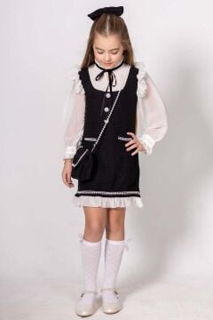 Kız Çocuk Kolları ve Yakası Şifon Etek Ucu Fırfırlı İnci İşlemeli Çift Cepli Siyah Triko Elbise