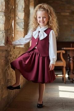 Kız Çocuk Yakasında Kurdela Detaylı Şifon Gömlek ve Yelek, Salaş Pileli Bordo Etekli Takım