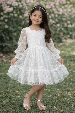 Kız Çocuk Kolları Transparan Yakası İnci Boncuklu Etek Ucu Fırfırlı Beyaz Abiye