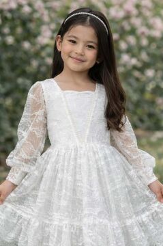 Kız Çocuk Kolları Transparan Yakası İnci Boncuklu Etek Ucu Fırfırlı Beyaz Abiye