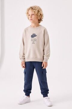 Erkek Çocuk Şapka Baskılı Sırtı At Figürlü Sweatshirt Kargo Cepli Lacivert Eşofman Takımı