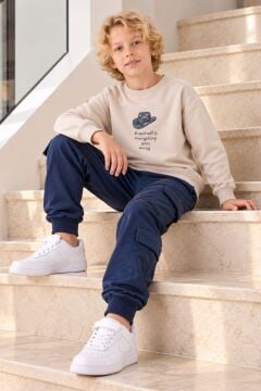 Erkek Çocuk Şapka Baskılı Sırtı At Figürlü Sweatshirt Kargo Cepli Lacivert Eşofman Takımı