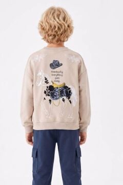 Erkek Çocuk Şapka Baskılı Sırtı At Figürlü Sweatshirt Kargo Cepli Lacivert Eşofman Takımı