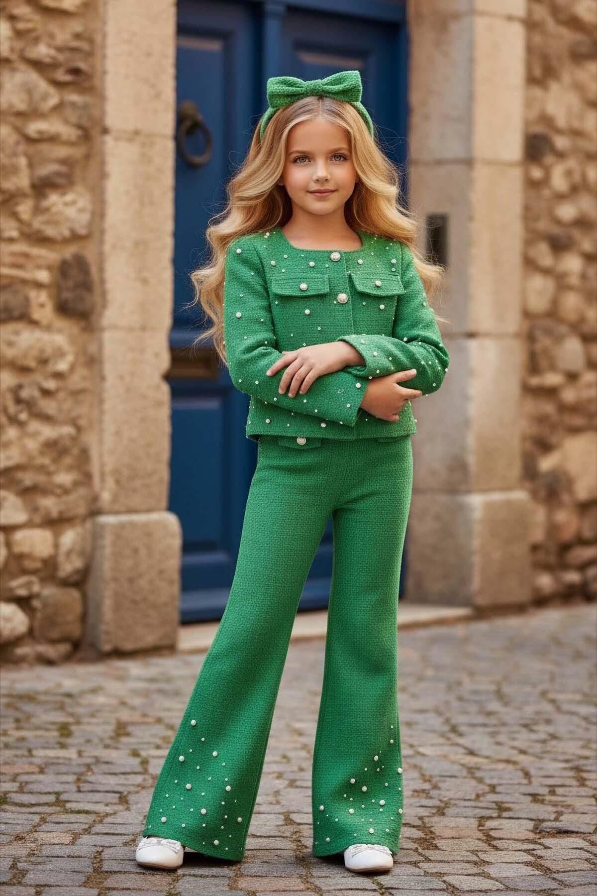 Kız Çocuk Üzeri İnci İşlemeli Cep Detaylı Ceket, Paçaları İnci Detaylı Triko Yeşil Alt Üst Takım