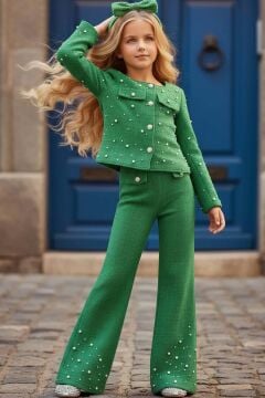 Kız Çocuk Üzeri İnci İşlemeli Cep Detaylı Ceket, Paçaları İnci Detaylı Triko Yeşil Alt Üst Takım