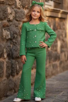 Kız Çocuk Üzeri İnci İşlemeli Cep Detaylı Ceket, Paçaları İnci Detaylı Triko Yeşil Alt Üst Takım