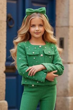 Kız Çocuk Üzeri İnci İşlemeli Cep Detaylı Ceket, Paçaları İnci Detaylı Triko Yeşil Alt Üst Takım
