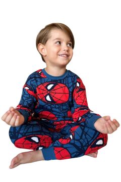 Erkek Çocuk Ağ ve Örümcek Adam Kafa Baskılı Lacivert Pijama Takımı