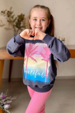 Kız Çocuk Palmiye ve Yazı Baskılı Kazak Fitilli Pembe Taytlı Takım