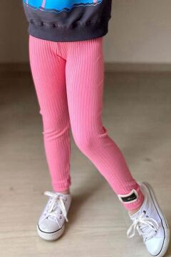 Kız Çocuk Palmiye ve Yazı Baskılı Kazak Fitilli Pembe Taytlı Takım