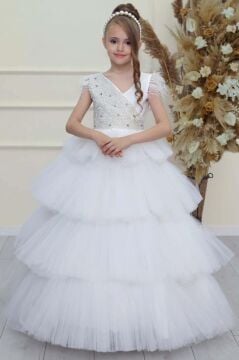 Kız Çocuk Gövdesi İnci Taş İşlemeli Kat Kat Tüllü Kolsuz Beyaz Abiye