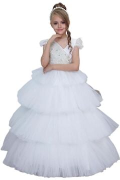 Kız Çocuk Gövdesi İnci Taş İşlemeli Kat Kat Tüllü Kolsuz Beyaz Abiye