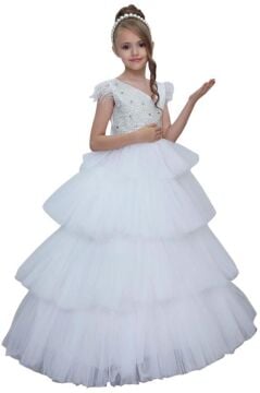 Kız Çocuk Gövdesi İnci Taş İşlemeli Kat Kat Tüllü Kolsuz Beyaz Abiye