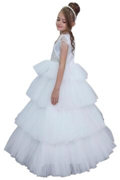 Kız Çocuk Gövdesi İnci Taş İşlemeli Kat Kat Tüllü Kolsuz Beyaz Abiye