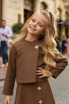 Kız Çocuk Elmas Taş Düğme Ceket Asimetrik Kesim Gold Düğme Detay Kahverengi Süet Etekli Takım