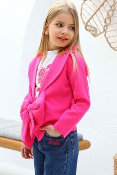Kız Çocuk Digital ve Yazı Baskılı Tişört Önü Fiyonklu Blazer Ceket Pembe Alt Üst Takım