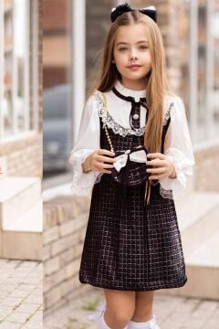 Kız Çocuk Kol Uçları ve Göğsü Dantel İşlemeli Triko Siyah Elbise