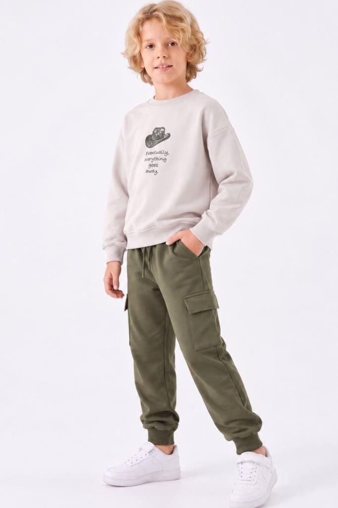 Erkek Çocuk Şapka Baskılı Sırtı At Figürlü Sweatshirt Kargo Cepli Yeşil Eşofman Takımı
